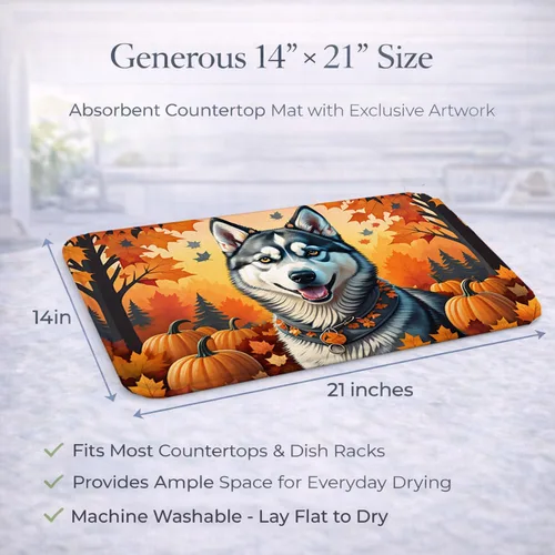 Miniatura 3 de Caroline's Treasures DAC1074DDM - Tapete de secado de platos de otoño siberiano Husky absorbente, tapete para secar platos para encimera de cocina