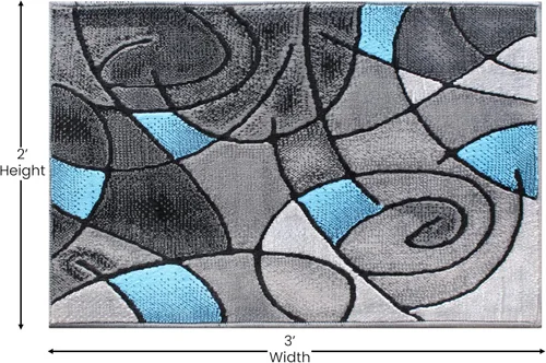 Miniatura 2 de EMMA + OLIVER Alfombra decorativa de olefina de felpa, patrón geométrico abstracto, tonos grises degradados con detalles azules vibrantes, 2 x 3