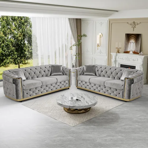 Miniatura 17 de DAMAIFROM Juego de sofá de terciopelo de lujo beige y dorado, moderno de mediados de siglo, sofás Chesterfield copetudos y patas doradas, juego de 2