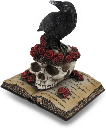 Miniatura 2 de Zeckos Estatua de resina pintada a mano de cuervo místico sobre un cráneo cubierto de rosas, encaramado sobre el libro de poesía de 'The Raven', una