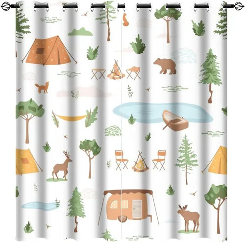 Miniatura 9 de Cortinas abstractas con estampado de cámper de caricaturas, divertido tema de aventura, campamento, montañas, vida silvestre, oso, tratamiento