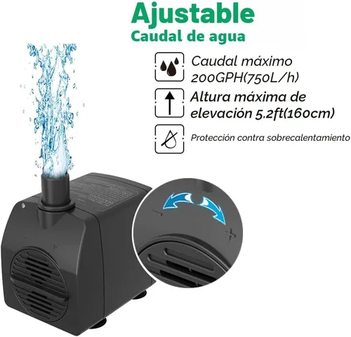 Miniatura 2 de Knifel Bomba sumergible de 200 GPH ultra silenciosa con protección contra sobrecalentamiento, elevación de 5.2 pies de alto para fuentes