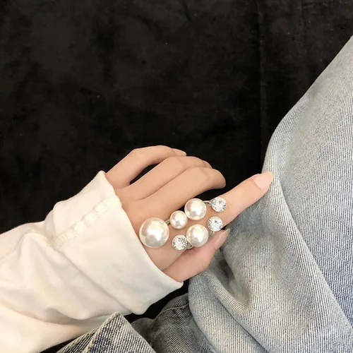 Miniatura 2 de Cicod Anillo de perlas vintage, apilables, anillos de perlas ajustables, anillo de dedo completo de perlas abiertas, joyería de moda para mujeres