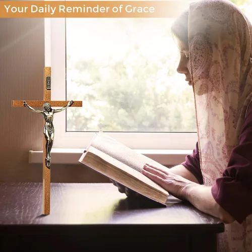 Miniatura 5 de ACHIBANG Crucifijo de pared católica – Cruz de Jesús de madera de 10 pulgadas con INRI para pared o decoración de Pascua, regalo cristiano