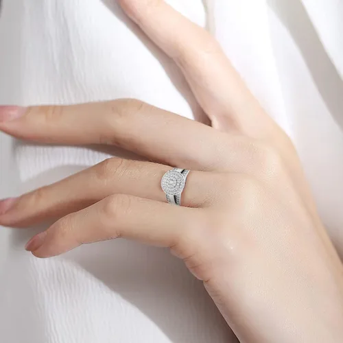 Miniatura 3 de Juego de 3 anillos redondos para mujer, anillo de compromiso con incrustaciones de circón, joyería elegante, anillo de boda grueso para novia