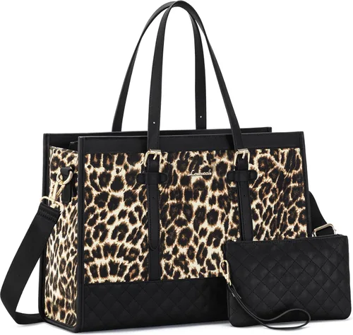 Miniatura 23 de LOVEVOOK Bolsa para Laptop para Mujeres de 15.6 pulgadas Bolsa Tote de Lona para Laptop, Bolsa de Trabajo de Gran Capacidad con Cartera de Mano