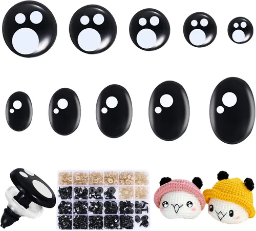 Ecavria [400PCS] Ojos de seguridad para Amigurumi, ojos de ganchillo negros de 8-16mm con arandelas, ojos de manualidad ovalados y redondos, ojos de