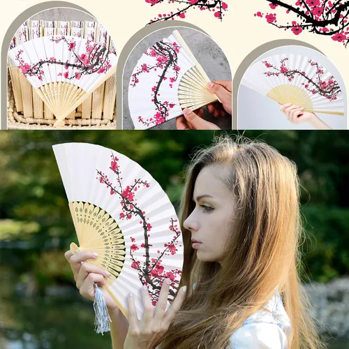 Miniatura 6 de Roowest 50 abanicos de papel de mano de cerezo en flor de cerezo, kit de recuerdos de chinoiserie, abanicos de mano plegables chinos japoneses retro