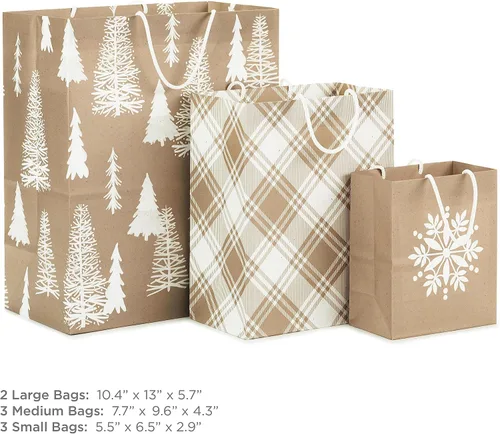 Miniatura 3 de Hallmark Surtido de bolsas de regalo de Navidad, papel kraft reciclable marrón con copo de nieve, cuadros y árboles