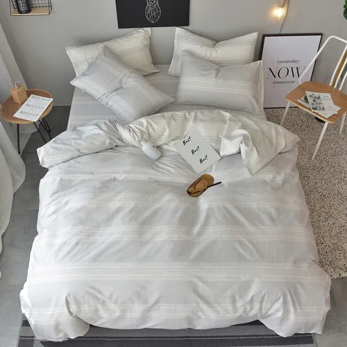 Miniatura 8 de Juego de funda de edredón tamaño individual, 100% algodón, estampado a rayas blanco/gris claro, ropa de cama de 3 piezas con cierre de cremallera