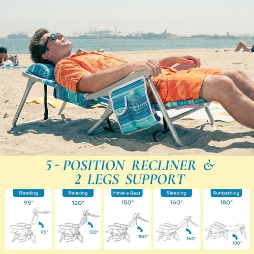Miniatura 5 de Beach Chairs for Adults, Portable Folding Backpack Beach Chair Heavy Duty 5-Position Lay Flat with Cooler Bag, Cup Holder for