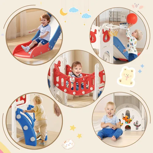 Miniatura 6 de Tobogán para niños, juego 10 en 1 para niños pequeños, nueva actualización con tobogán para niños, tabla de dibujo, juego de golf, aro de baloncesto