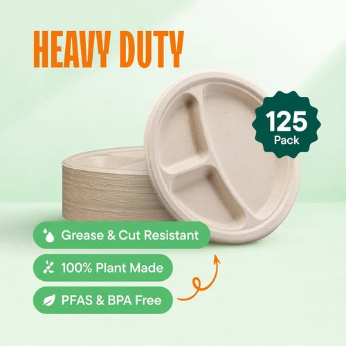 Miniatura 2 de Platos de papel desechables 100% compostables, 3 compartimentos, [125 unidades] - {Sin PFAS} - {Certificado BPA} - [9 pulgadas] Bandejas seccionales