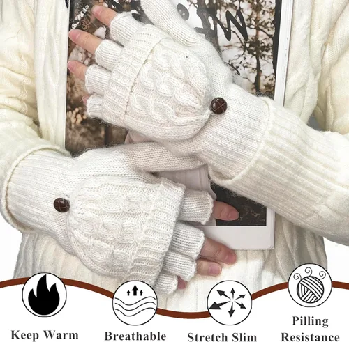 Miniatura 115 de Beurlike Guantes de invierno para mujer, de lana cálida, a prueba de viento, convertibles, sin dedos