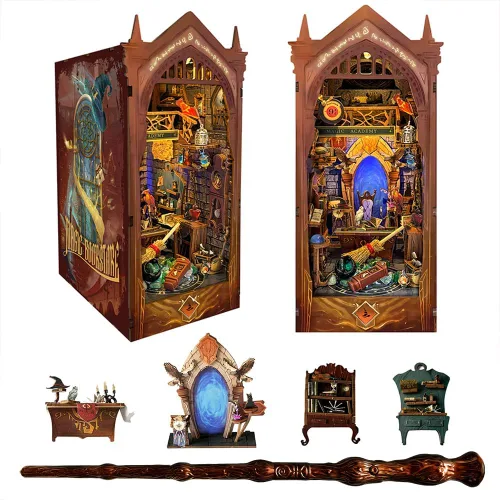 Miniatura 9 de Kit de rincón de lectura - Kit de casa de muñecas DIY en miniatura de madera con cubierta de polvo, estantería decorativa, rompecabezas 3D