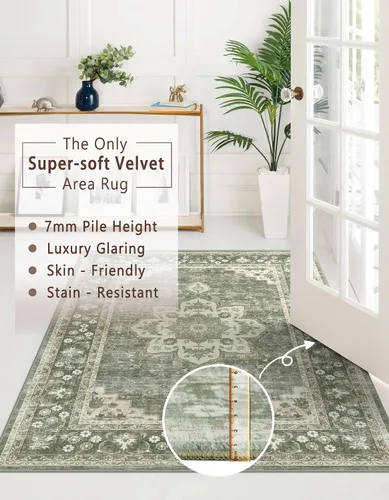 Miniatura 6 de Poeti Alfombra lavable, ultrafina de 9 x 12 pies, antideslizante, alfombra grande para sala de estar, dormitorio, alfombra floral vintage, alfombra