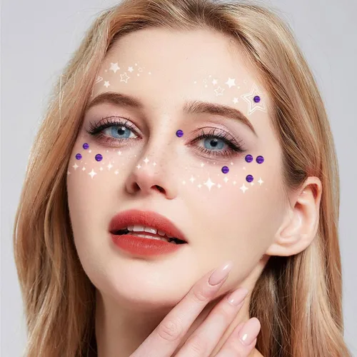 Miniatura 6 de 1799 piezas 4 hojas de pegatinas de diamantes de imitación 3/4/5/6 mm autoadhesivas para maquillaje de cara, ojos, cabello y cuerpo púrpura