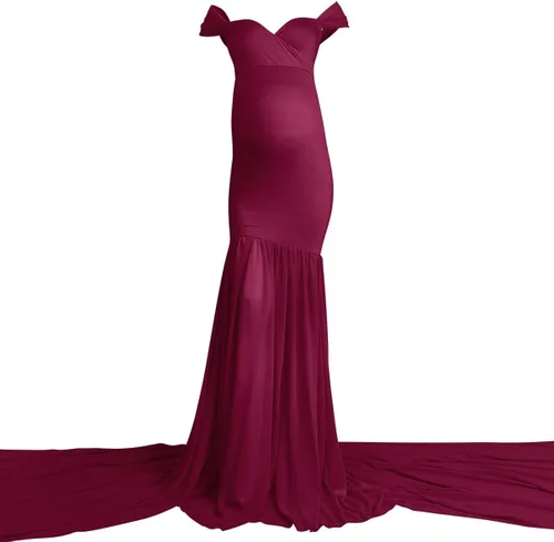 Miniatura 3 de Vestido de maternidad con hombros descubiertos y cuello en V para mujer, vestido largo de gasa con cuello en V y ajuste elegante, para fotografía