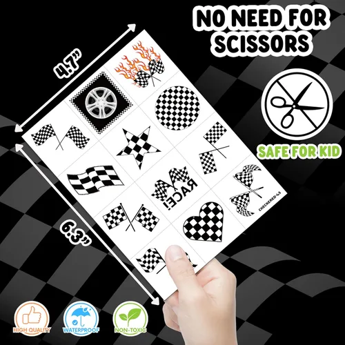 Miniatura 4 de 60 calcomanías de tatuajes temporales en blanco y negro con divertidos diseños de carreras de autos de carreras, suministros de decoración
