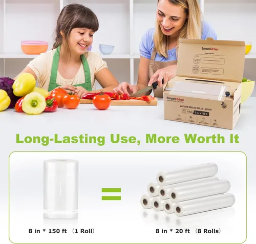 Miniatura 3 de Bolsas de sellado al vacío Bonsenkitchen de 8" x 45,72 m con cortador para almacenamiento de alimentos, grado comercial, libres de BPA, ideales