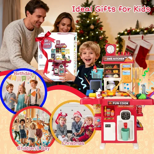 Miniatura 6 de Juego de cocina de juguete mejorado para niños y niñas, juego de mini cocina con fregadero de rociado y iluminación realista, juguetes de cocina Rojo