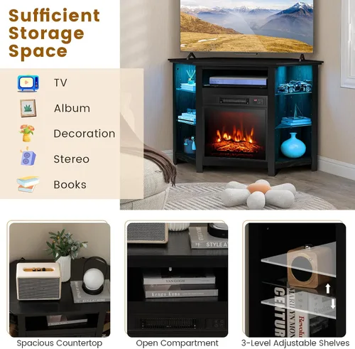 Miniatura 5 de COSTWAY Soporte de TV de esquina con chimenea eléctrica con luces LED de 16 colores, 3 brillos, control remoto y aplicación, moderno centro de Negro