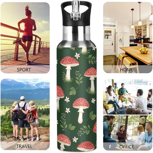 Miniatura 5 de Cute Red Mushrooms Green Stainless Steel Water Bottle 20 Oz Leakproof Water Bottles, BPA-Free Sports Water Bottle with Straw