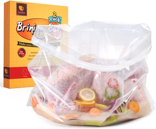 Bolsas de salmuera de pavo, 26 x 22 pulgadas, paquete de 2, bolsas de salmuera más gruesas con doble cierre de cremallera con 2 cuerdas de algodón,