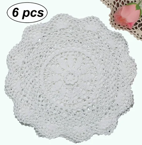 Miniatura 2 de Creative Linens 6 piezas de 12 pulgadas de encaje de ganchillo redondo blanco 100% algodón hecho a mano, juego de 6 piezas