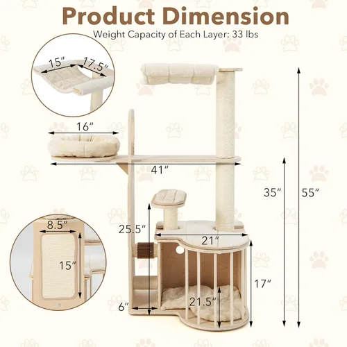 Miniatura 3 de Tangkula Árbol de madera para gatos de interior, centro de actividades de torre para gatos de varios niveles de 55 pulgadas con hamaca, condominio