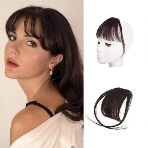 Miniatura 36 de BARSDAR Flequillo postizo de pelo humano real - Flequillo postizo 100% pelo humano para mujeres - Extensiones de flequillo ondulado castaño rojizo