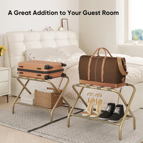 Miniatura 6 de Smart FENDEE Portaequipajes dorado para habitación de invitados, soporte plegable para maleta con estante de almacenamiento, soporte de equipaje
