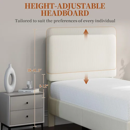 Miniatura 4 de Yaheetech Estructuras de Cama Individual con Cabecera Ajustable, Cabecera Tapizada de Tela de Chenilla/Cama de Plataforma, Estructura de Cama