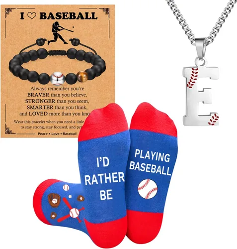 Miniatura 15 de Juego de regalos de béisbol, collar de fútbol con letras A-Z para hombres, calcetines de béisbol y pulseras de béisbol para amantes del béisbol