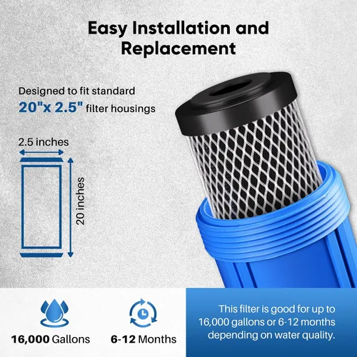 Miniatura 7 de PUREPLUS Cartucho de filtro de agua de sedimentos de carbono CTO para toda la casa de 5 micrones, 20 x 2.5 pulgadas, compatible con C1-20, EP-20
