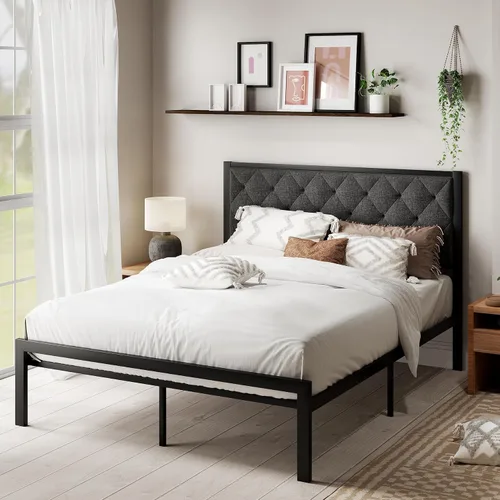 Miniatura 8 de MUTICOR Elegante marco de cama tamaño individual con cabecera tapizada de piel sintética con botones, listones de metal resistentes, almacenamiento