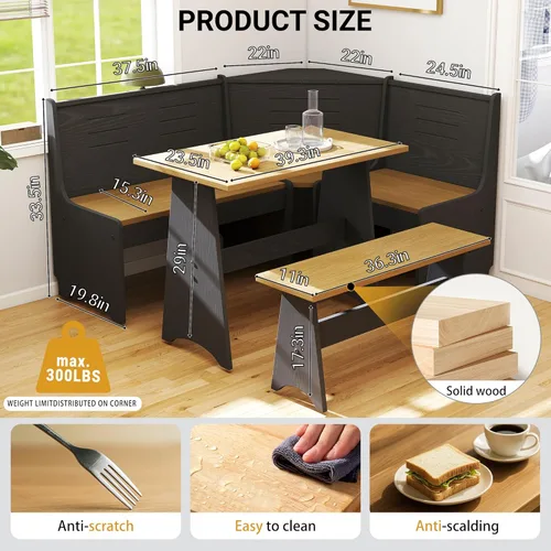 Miniatura 2 de Juego de mesa para desayunador de 3-4 plazas en forma de L con almacenamiento oculto - Juego de mesa y banco de esquina para cocina, ahorra espacio