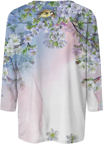 Miniatura 3 de Camisas de manga 34 para mujer, cuello redondo, estampado floral, sudaderas casuales elegantes, blusas de manga tres cuartos