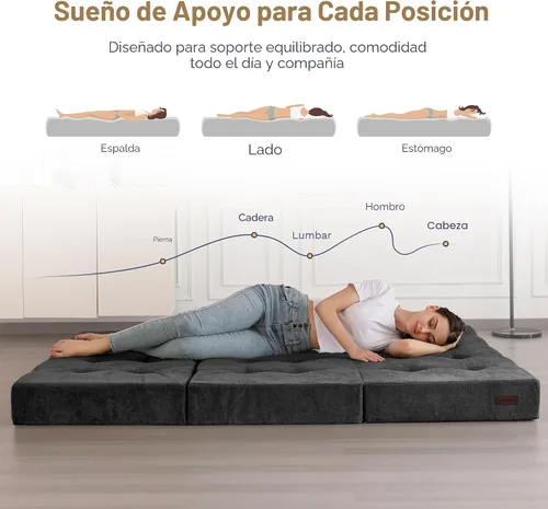 Miniatura 4 de MAXYOYO Colchón plegable de tres pliegues, colchón plegable acolchado de 6 pulgadas con tela chenille, colchoneta portátil de piso tamaño individual