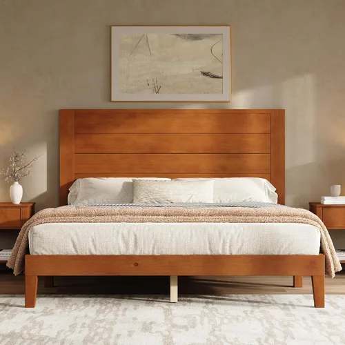 Miniatura 13 de AMERLIFE Base de cama tamaño Queen con cabecera de 48 pulgadas de alto, cama de plataforma de madera maciza moderna de mediados de siglo con sistema