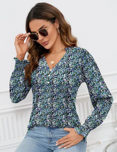 Miniatura 3 de Rapbin - Blusas tipo túnica con botones y cuello en V para mujer, manga larga abombada con puños con volantes, para otoño, camisetas elegantes e