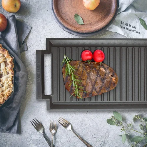Miniatura 7 de Sartén para plancha, placa caliente de hierro fundido, parrilla rectangular, 2 asas con superficie acanalada para cocina eléctrica de inducción, 16