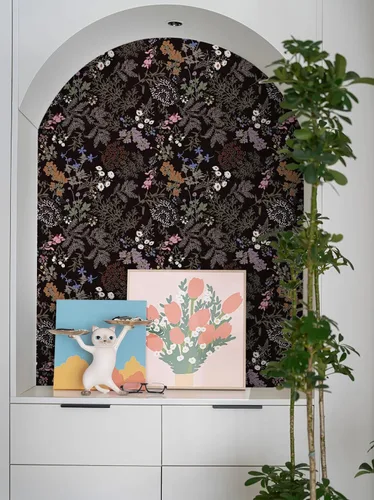 Miniatura 9 de Papel Tapiz de Despegar y Pegar Papel Tapiz Floral Negro Papel de Contacto de Hojas Florales Oscuras para Gabinete Vintage Autoadhesivo Removible
