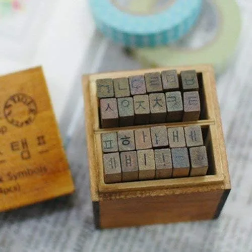 Letras de sello de goma del alfabeto coreano (angul) Caja de madera de personajes Kpop Vintage Acabado antiguo - DIY