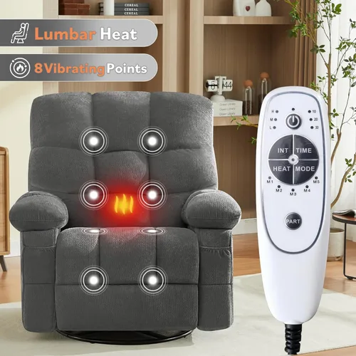 Miniatura 2 de Grey 360° Massage Swivel Recliner Chair with Vibration Massage and Lumbar Heating for Adults, Oversized Rocking Recliner Chair with Side Pocket and