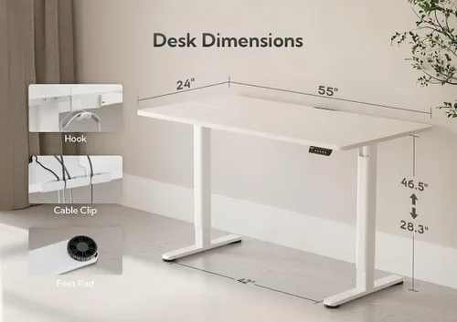 Miniatura 3 de Claiks Escritorio Eléctrico de Pie Ajustable, Escritorio de Altura Ajustable para Sentarse y Pararse, Escritorio de Oficina en Casa de 55x24 Blanco