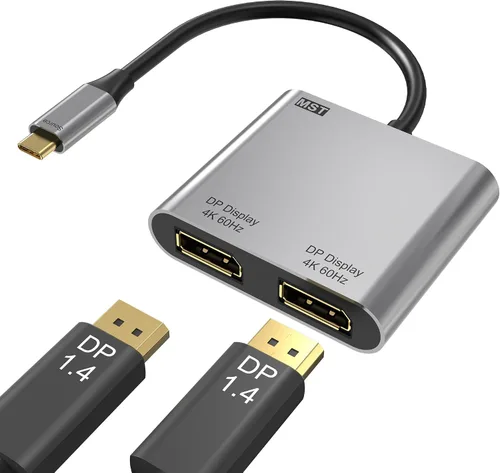 Adaptador USB C a Dual DisplayPort, divisor de puerto de pantalla 4K a 60Hz para monitores duales, convertidor de monitor dual tipo C a DP