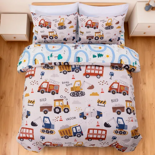 Miniatura 9 de NTBED Juego de edredón individual de 5 piezas con diseño de camión de construcción para niños varones, cama en una bolsa, vehículos excavadora, Azul