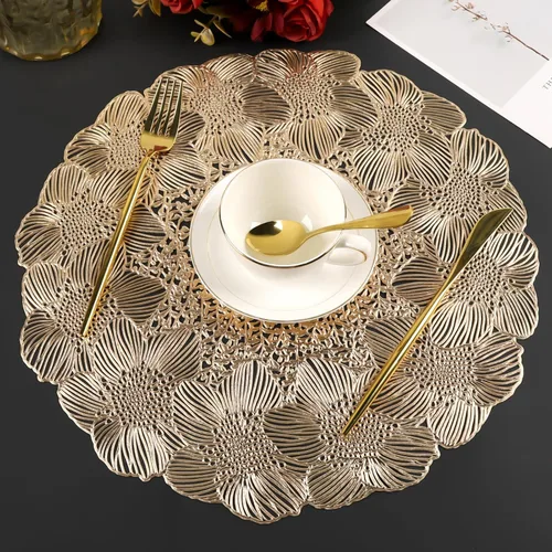 Juego de 4 manteles individuales redondos dorados para mesa de comedor, manteles individuales metálicos de vinilo prensado para decoración de bodas,