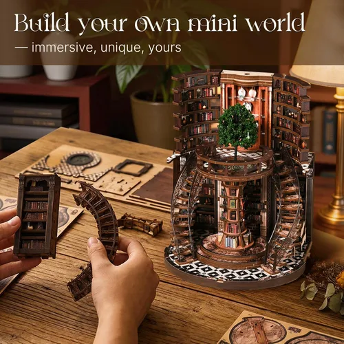 Miniatura 7 de Kit de rincón de libros, rompecabezas de madera 3D para adultos, kit de casa en miniatura para adultos, rincón de libros con luz LED, regalos